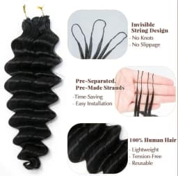 Miracle Knots Knotless Crochet Human Hair Extensions Pre Separated Pre Fluffed Deep Curly Deep Wave Feather Line Hair Pre Looped With String Reusable Bulk Hair For Boho Invisible Braids 60G/pack For Women