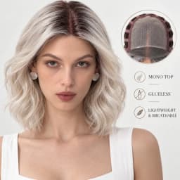 MONO Glueless Bob Wig for Women Ash Brown Highlight Synthetic Hair Middle Part Natural Scalp Lightweight Breathable