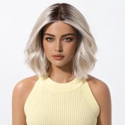 MONO Glueless Bob Wig for Women Ash Brown Highlight Synthetic Hair Middle Part Natural Scalp Lightweight Breathable