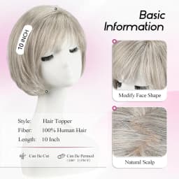 Short 6.5*6.5inch Large Base Hair Pieces Silver Gray Human Hair Toppers 10 inch Toppers for Women with Multiple Non-slip Clips