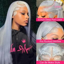 13x6 Silver Gray Lace Frontal Wigs For Women Bone Straight Grey Lace Front Human Hair Wigs Pre Plucked Hairline with Baby Hair 220% Density 38 40 42 inch