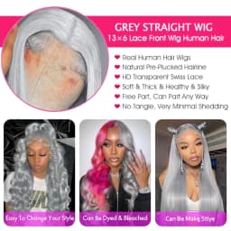 13x6 Silver Gray Lace Frontal Wigs For Women Bone Straight Grey Lace Front Human Hair Wigs Pre Plucked Hairline with Baby Hair 220% Density 38 40 42 inch