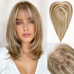 Brown Mixed Blonde Remy Human Hair Toppers Silk Base Clips in Straight 14 Inches Hairpieces Extension for Women 100% Human Hair