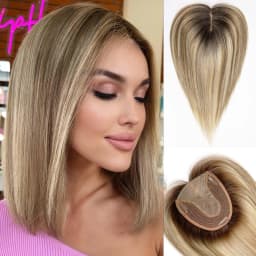 Brown Mixed Blonde Remy Human Hair Toppers Silk Base Clips in Straight 14 Inches Hairpieces Extension for Women 100% Human Hair
