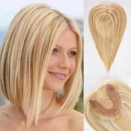 Brown Mixed Blonde Remy Human Hair Toppers Silk Base Clips in Straight 14 Inches Hairpieces Extension for Women 100% Human Hair