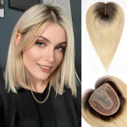 Brown Mixed Blonde Remy Human Hair Toppers Silk Base Clips in Straight 14 Inches Hairpieces Extension for Women 100% Human Hair