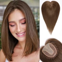 Brown Mixed Blonde Remy Human Hair Toppers Silk Base Clips in Straight 14 Inches Hairpieces Extension for Women 100% Human Hair