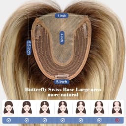 Brown Mixed Blonde Remy Human Hair Toppers Silk Base Clips in Straight 14 Inches Hairpieces Extension for Women 100% Human Hair