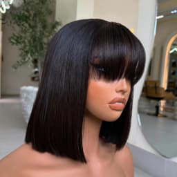 Straight Bob Wig With Bangs Machine Made Wig Natural Color Human Hair Wigs Short Bob Fringe Wigs For Women 16inch