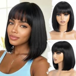 Straight Bob Wig With Bangs Machine Made Wig Natural Color Human Hair Wigs Short Bob Fringe Wigs For Women 16inch