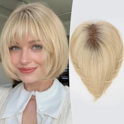 10-Inch Human Hair Topper for Women 6.5x6.5 Inch Silk Base Ombre Blonde with Brown Side-parted Short Bob Hair Topper With Bangs