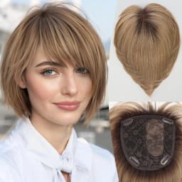 10-Inch Human Hair Topper for Women 6.5x6.5 Inch Silk Base Ombre Blonde with Brown Side-parted Short Bob Hair Topper With Bangs