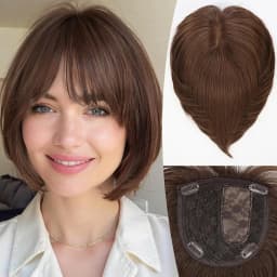 10-Inch Human Hair Topper for Women 6.5x6.5 Inch Silk Base Ombre Blonde with Brown Side-parted Short Bob Hair Topper With Bangs