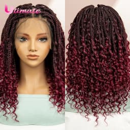 99J Burgundy Color Box Braided Wigs Synthetic Full Lace Knotless Square Box Braids Wig Curly Hair Wig for Women