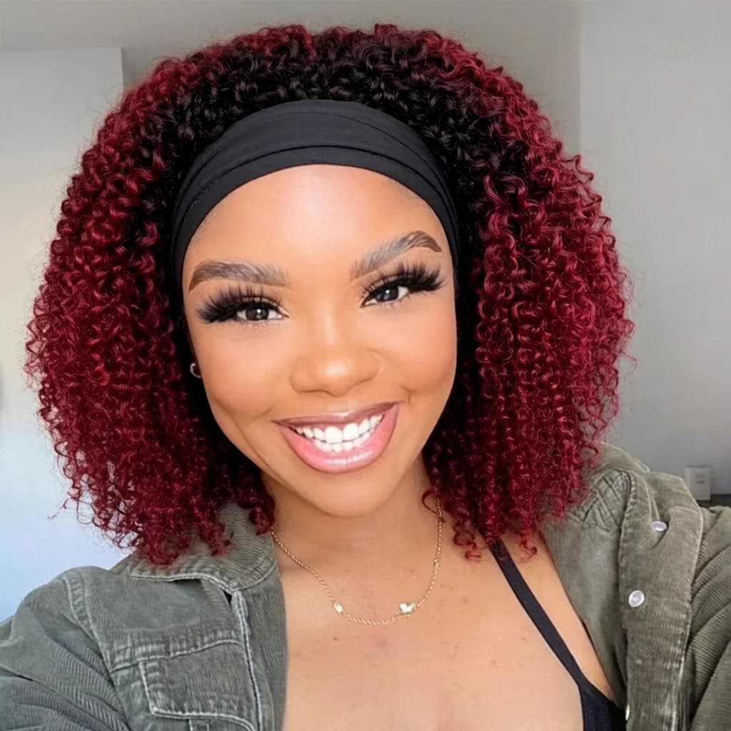 Kinky Curly Headband Wig Human Hair 250% Density, full machine made 1B Burgundy Ombre Curly Human Hair Wig for Women