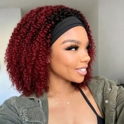 Kinky Curly Headband Wig Human Hair 250% Density, full machine made 1B Burgundy Ombre Curly Human Hair Wig for Women