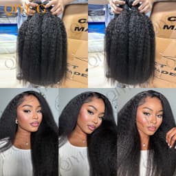 Kinky Straight Human Hair Bundles With 4x4 Transparent Lace Closure 12A Brazilian Virgin Remy Yaki Straight Weave Hair Bundles With Closure Natural Black 3 Bundles Human Hair Extensions For Black Women