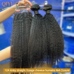 Kinky Straight Human Hair Bundles With 4x4 Transparent Lace Closure 12A Brazilian Virgin Remy Yaki Straight Weave Hair Bundles With Closure Natural Black 3 Bundles Human Hair Extensions For Black Women