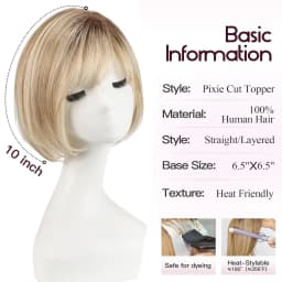 10inch Ombre Brown Blonde Human Hair Toppers 6.5*6.5inch Large Base Bob Hair Wig Toppers 4 Clips with Bangs Side Part for Women