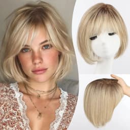 10inch Ombre Brown Blonde Human Hair Toppers 6.5*6.5inch Large Base Bob Hair Wig Toppers 4 Clips with Bangs Side Part for Women
