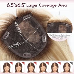 10inch Ombre Brown Blonde Human Hair Toppers 6.5*6.5inch Large Base Bob Hair Wig Toppers 4 Clips with Bangs Side Part for Women