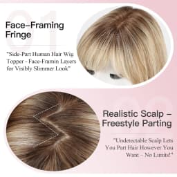 10inch Ombre Brown Blonde Human Hair Toppers 6.5*6.5inch Large Base Bob Hair Wig Toppers 4 Clips with Bangs Side Part for Women