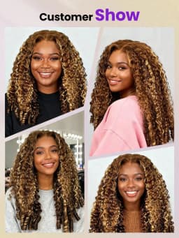 30 Inch Highlight Burmese Curly Half Wig Human Hair Wear and Go Wigs P4/27 Omber Brown to Honey Blonde 3-in-1 Machine Curly Wig 210 Density