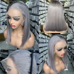 Short Bob Cut Straight Wigs Silver Grey Color Lace Front Wigs Brazilian Human Hair 13x4 Full Frontal Bob Wigs For Wholesale