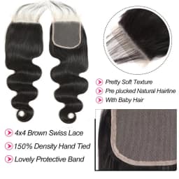Body Wave Human Hair Bundles With 4X4 Swiss Lace Closure Brazilian Raw Hair Extensions Bundles 100% Human Hair 2-5 Days Delivery