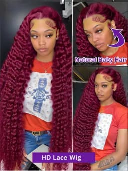 13x6 HD Transparent Lace 200 Density 13x4 Full Frontal Lace 99j Burgundy Preplucked Colored Deep Wave Frontal Human Hair Wig