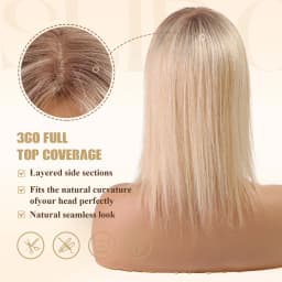 14 Inch Blonde to Brown Ombre 100% Human Hair Toppers with Dark Root Middle Part Lace Base Clip In Hairpiece Remy Extensions