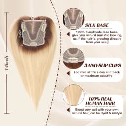 14 Inch Blonde to Brown Ombre 100% Human Hair Toppers with Dark Root Middle Part Lace Base Clip In Hairpiece Remy Extensions