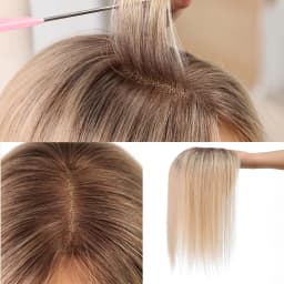 14 Inch Blonde to Brown Ombre 100% Human Hair Toppers with Dark Root Middle Part Lace Base Clip In Hairpiece Remy Extensions
