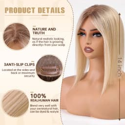 14 Inch Blonde to Brown Ombre 100% Human Hair Toppers with Dark Root Middle Part Lace Base Clip In Hairpiece Remy Extensions