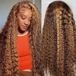 P427 Honey Blonde 360 Full Lace Wig Highlight Curly Human Hair Pre-Plucked Deep Wave Water Wave 360 Invisible Strap Lace Frontal Wig 34 Inch