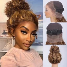 P427 Honey Blonde 360 Full Lace Wig Highlight Curly Human Hair Pre-Plucked Deep Wave Water Wave 360 Invisible Strap Lace Frontal Wig 34 Inch