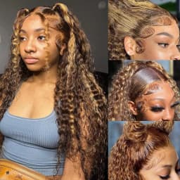 P427 Honey Blonde 360 Full Lace Wig Highlight Curly Human Hair Pre-Plucked Deep Wave Water Wave 360 Invisible Strap Lace Frontal Wig 34 Inch