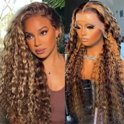 P427 Honey Blonde 360 Full Lace Wig Highlight Curly Human Hair Pre-Plucked Deep Wave Water Wave 360 Invisible Strap Lace Frontal Wig 34 Inch