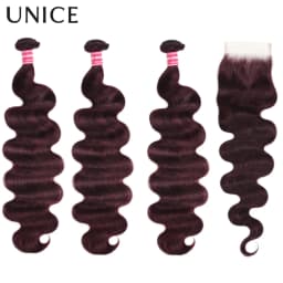 UNICE Hair Black Cherry Body Wave Human Hair 2/3/4 Bundles With 4x4 Lace Closure
