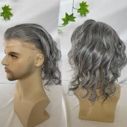 Human Hair Toupee for Men Mono Lace with Npu Around Lace Systems 10x8Inch Long Hair 12Inch 1B Mixed 80% Synthetic Grey Hair