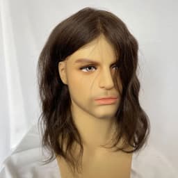 12inch Men Wigs Full Skin Pu Base Long Human Hair Men Toupee Natural Hairline Men Toupee Straight Wavy 8x10 3# Brown Colror