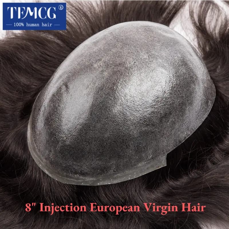 8" Injection European Virgin Hair System Men Wig 0.06-0.08mm Thin Skin Male Hair Prosthesis Hairline Invisible Men's Hair Piece