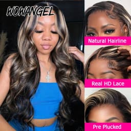WOWANGEL 1B/27 Highlight Body Wave Wig Glueless 5x5 HD Lace Closure Wig 100% Human Hair Pre Plucked Natural Hairline Blonde Wig
