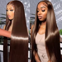 Chocolate Brown Silky Straight Brazilian Virgin Human Hair Wig 13x6 HD Transparent Lace Frontal 6Inch Deep Part Pre Plucked Baby Hair Glueless Wear Go Natural Looking Daily Wig For Black Women
