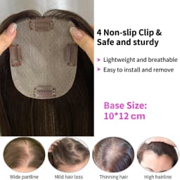 OCGK Human Hair Topper 17" Straight 10x12cm Base Color 2# Clip in Hairpieces for Women with Thinning Hair Add Volume