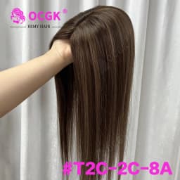OCGK Human Hair Topper 17" Straight 10x12cm Base Color 2# Clip in Hairpieces for Women with Thinning Hair Add Volume