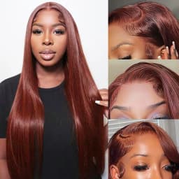 ISEE HAIR Reddish Brown #33 Color Glueless13x6 Straight Lace Frontal Wigs Pre Plucked Wigs Invisi Draw Strings Human Hair Wigs