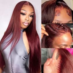 ISEE HAIR Reddish Brown #33 Color Glueless13x6 Straight Lace Frontal Wigs Pre Plucked Wigs Invisi Draw Strings Human Hair Wigs