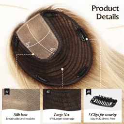 16inch Ombre Light Blonde Human Hair Toppers 9x9inch Natural Remy 5Clips Silk Base Hair Topper with Bangs in Extension for Women