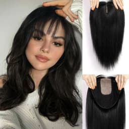 16inch Ombre Light Blonde Human Hair Toppers 9x9inch Natural Remy 5Clips Silk Base Hair Topper with Bangs in Extension for Women